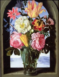 Still life of flowers in a drinking glass